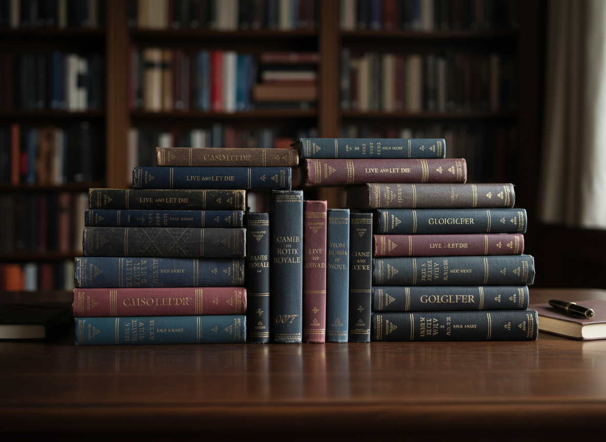 A carefully arranged spread of worn hardcover James Bond novels, their dust jackets subtly varied in deep blues, blacks, and muted reds, stacked and fanned across a dark walnut library table. Embossed titles and small 007-inspired motifs catch soft, diffused afternoon light streaming from an unseen window, creating gentle highlights along the spines and edges. In the blurred background, tall bookshelves filled with more spy fiction rise into shadow. Photographic realism at eye level with a slightly elevated angle, shallow depth of field isolating the central cluster of books. The mood is sophisticated, contemplative, and scholarly, evoking a quiet study devoted solely to the literary world of James Bond on the printed page.