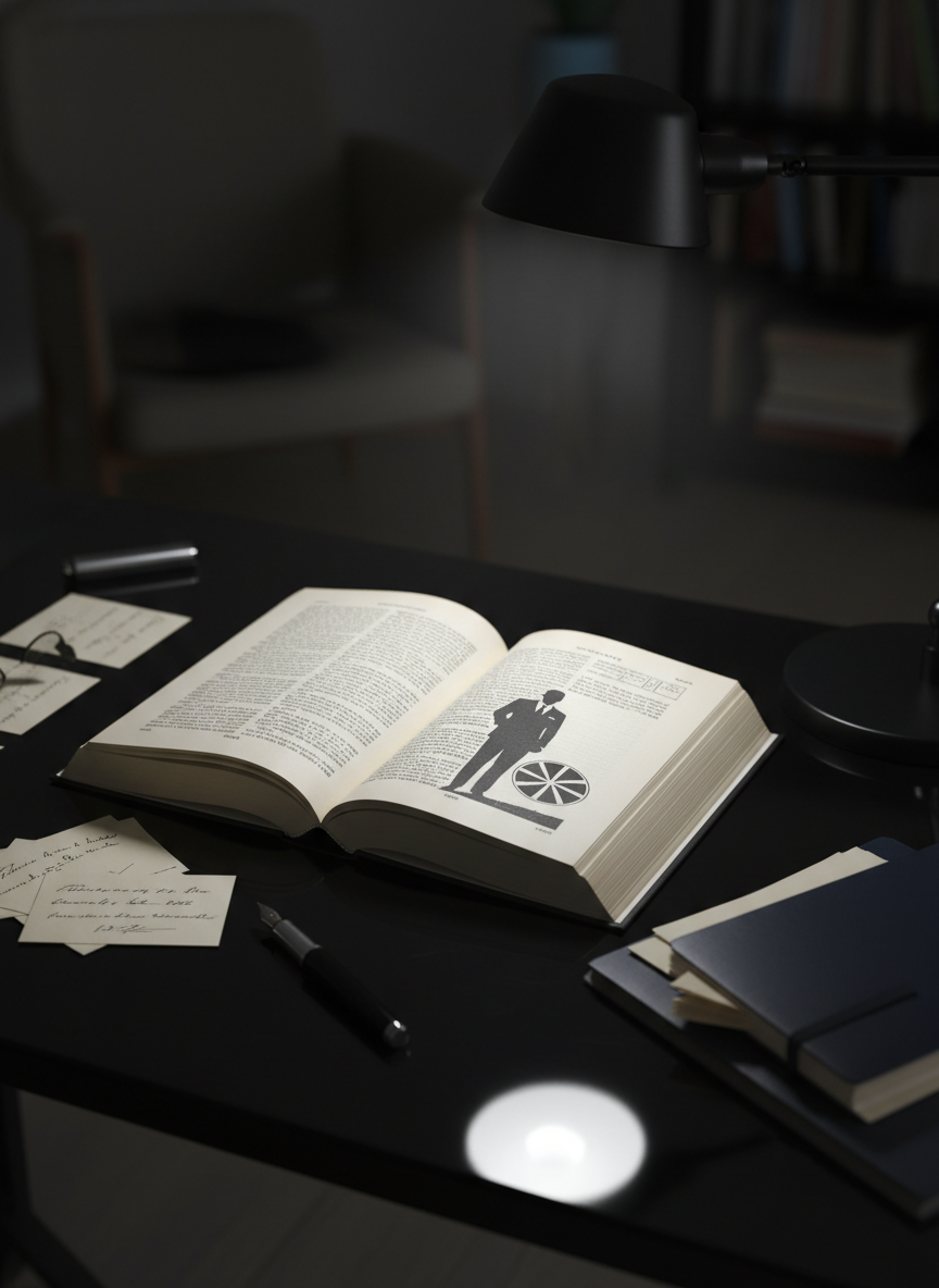 A single vintage-style James Bond novel lying open at the center of a polished black desk, fine cream pages filled with dense text and a discreet chapter heading visible, but no readable words. Around it, neatly arranged index cards, a fountain pen, and a minimalist notebook suggest careful literary analysis. Cool, focused desk-lamp lighting pools over the open book, with the rest of the room fading into soft shadow. Shot from a slightly overhead, three-quarter angle in photographic realism, with sharp focus on the novel and a subtle bokeh on the surrounding objects. The atmosphere is precise, intellectual, and analytical, ideal for a blog dissecting 007’s character, themes, and narrative structure in the novels.