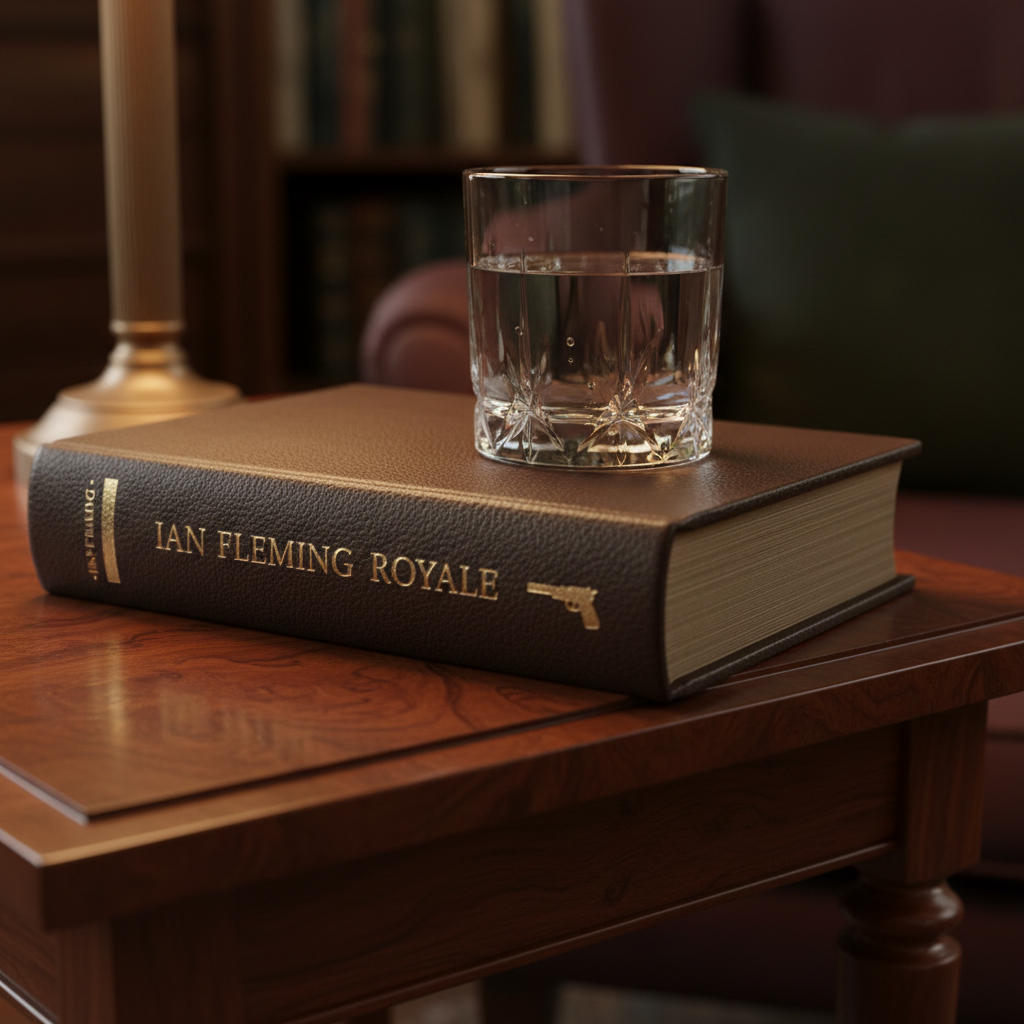 An elegant close-up of a dark leather-bound James Bond novel resting beside a crystal tumbler of still water on a mahogany side table, suggesting refined reading rather than action. The book’s spine features understated metallic lettering and a small, abstracted pistol silhouette, catching a warm golden glow from a shaded table lamp just out of frame. The background reveals blurred shelves and the hint of an upholstered armchair, all in deep, rich tones. Photographic realism with a low, intimate angle and shallow depth of field, focusing on textures: leather grain, polished wood, and faceted glass. The mood is sophisticated, mature, and quietly intense, emphasizing the literary, reflective side of the 007 universe.