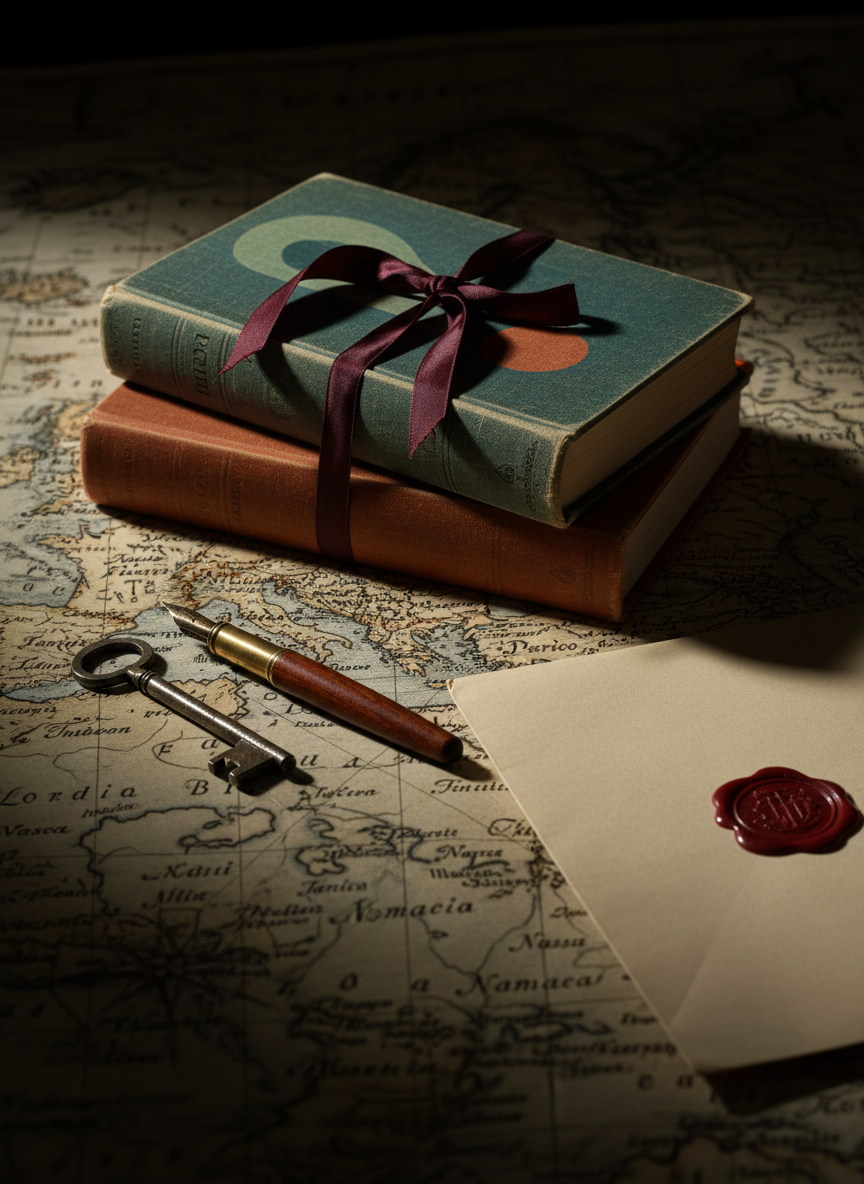 A dramatic, photographic still life inspired by literary espionage: a stack of three unbranded James Bond-style novels tied loosely with a thin, dark ribbon, resting on an old-world map of Europe and the Caribbean. A vintage fountain pen, a simple metal key, and a plain manila folder sealed with a red wax-like stamp sit nearby, hinting at covert missions without referencing any film iconography. Low, directional side lighting creates deep shadows and sharp highlights, emphasizing the textures of paper, card, and metal. Shot at eye level with a slightly cinematic wide aspect ratio, the foreground in crisp focus and the map softly fading back. The mood is tense yet refined, evoking the intrigue and geography of 007’s printed adventures.